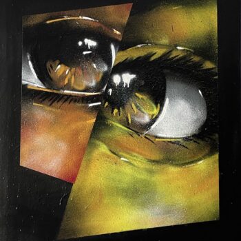 Abstraktes Porträt mit zerschnittenen Farbflächen in Gelb-, Braun- und Schwarztönen, Spraypaint auf Leinwand, 120 × 90 cm.