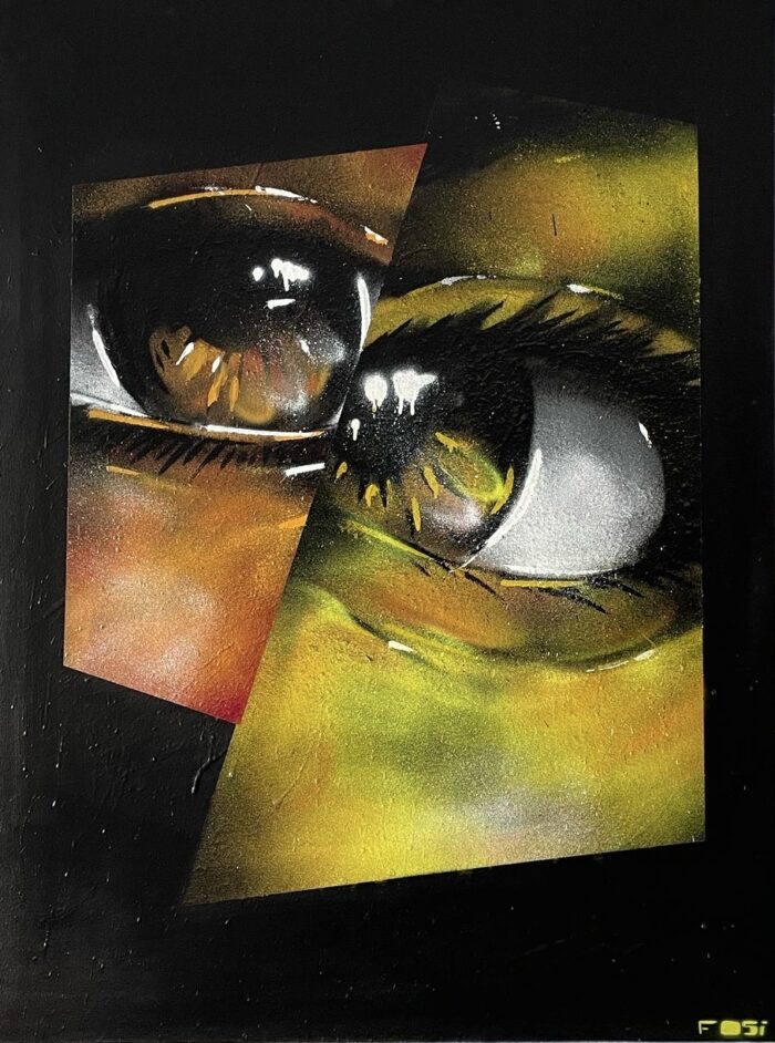 Split Screen Abstraktes Porträt mit zerschnittenen Farbflächen in Gelb-, Braun- und Schwarztönen, Spraypaint auf Leinwand, 120 × 90 cm.