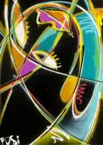 Abstraktes Gemälde auf schwarzem Hintergrund mit dynamischen Linien und Formen in Türkis, Gelb, Weiß, Rosa und Gold; stilisierte Gesichtszüge in moderner Street-Art-Ästhetik, signiert mit „FOSI“.