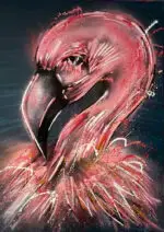 Flamingo in Rosa- und Rottönen, leicht abstrahiert.