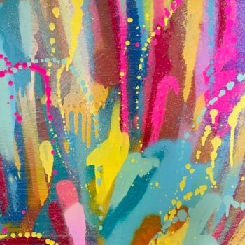 Abstraktes Spraypaint-Gemälde in leuchtenden Rosa-, Gelb- und Grüntönen, wellenförmige Struktur, 180 × 100 cm.