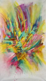 Abstraktes Spraypaint-Gemälde in leuchtenden Rosa-, Gelb- und Grüntönen, wellenförmige Struktur, 180 × 100 cm.