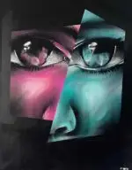 Zwei abstrahierte Gesichter in Blau- und Violetttönen, gespiegelt nebeneinander – Spraypaint auf Leinwand (120 × 150 cm).