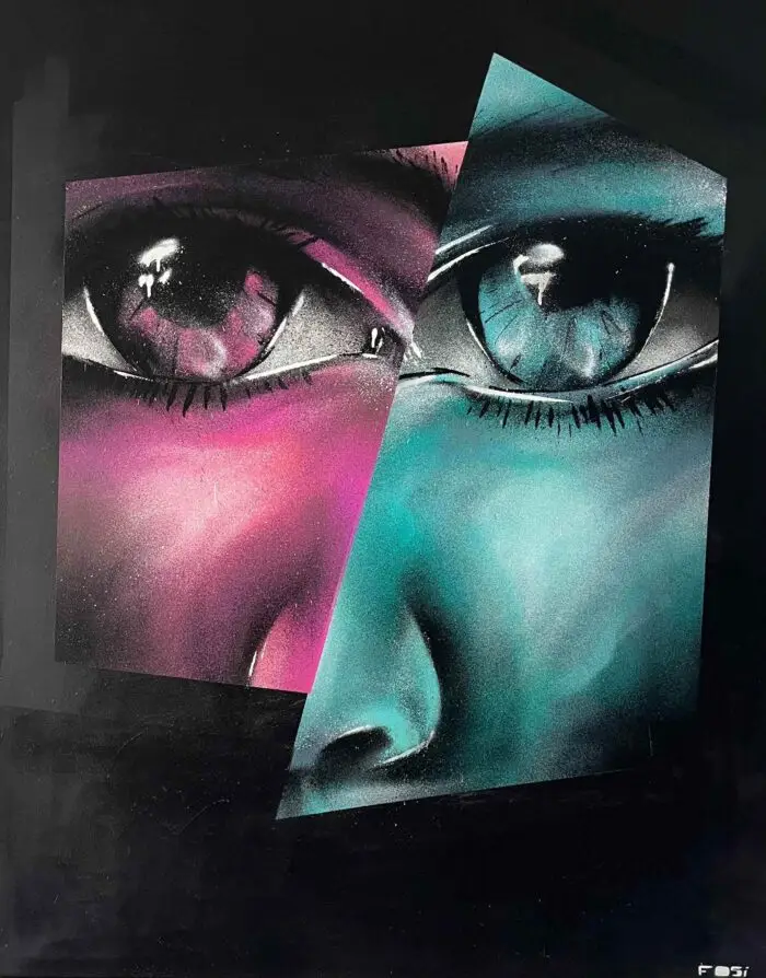 Zwei abstrahierte Gesichter in Blau- und Violetttönen, gespiegelt nebeneinander – Spraypaint auf Leinwand (120 × 150 cm).